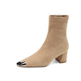2025  Small short boots women's thick heel sweet cool wind commuter suede thin boots metal square head niche design elastic boots