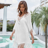 2025Cross-border Popular, , hand hook splicing fringed solid color woven hollow sunscreen bikini v-neck blouse beach dress