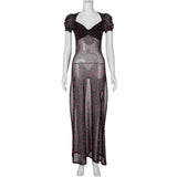 HULIANFU 2025 New  spring new fashion floral bubble sleeves sexy slit V-neck mesh edge jumpsuit group