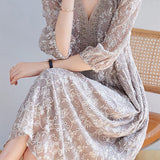 2025 Heavy Industry Bead Embroidery 100 Mulberry Silk Dress V-Neck Silk Long Skirt, New Chinese Large Size Women's Summer