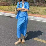 2025 Lazy wind linen blue suit women's spring simple intellectual sunscreen shirt skirt casual two-piece set