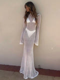 HULIANFU 2025 women's clothing summer  new knitted long-sleeved backless emotional perspective mopping long dress dress