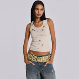 2025 Cross-border wasteland wind slim-fit metal decorative vest women's base spring new hollow bead knitted vest premium