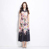 2025 niche fashion retro suit collar sleeveless waist printed dress women's thin big swing elegant long skirt