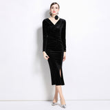 Black golden velvet dress for women's autumn and winter popular new V-neck long-sleeved hip-wrapped temperament slim long skirt