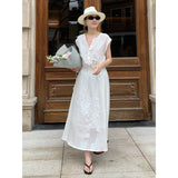 2025 THE MIND Tencel linen V-neck dress 2025 summer new waist and thin A-shaped long dress T5025X