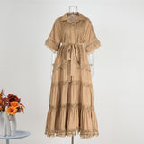 Casual loose shirt skirt women's  summer wear short-sleeved lapel lace hollow embroidered dress lace-up