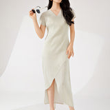 2025 Hot trade women's clothing  dress high sense v-neck short sleeves loose irregular fashion temperament medium and long dress Popular style