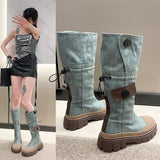 2025  High boots cowboy blue popular new British knight boots thick heel boots