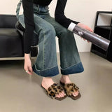 2025  Retro leopard print square head fluffy slippers women's outer wear popular autumn new temperament fluffy lazy one-word cotton drag