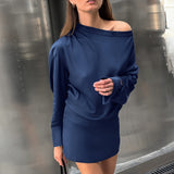 2025 Autumn and winter elegant blue temperament thin soft matte satin irregular collar long sleeve slim short dress women