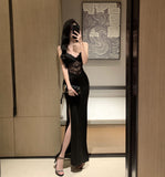 2025 Retro black lace splicing high split end sexy hip dress vacation waist temperament suspender skirt evening dress