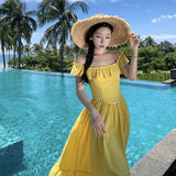 2025 Yellow small flying sleeves square neck suspender dress children's summer new  pure desire seaside vacation waist dress