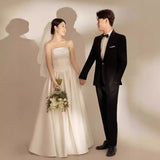 2025 light wedding dress bride simple tube top going out yarn Mori super fairy satin dress welcome yarn small man