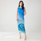 2025 Summer dress women's high elasticity pleated thin high-end design printed sleeveless versatile  straight skirt