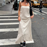2025 Khaki cotton and linen vacation style suspender square collar dress   spring and summer fashion new New long dress women