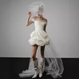 2025 Simple white dress skirt light wedding dress female bride travel photography go out yarn short  one-word shoulder light luxury niche