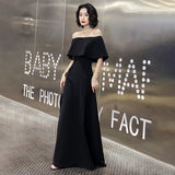 2025 Black evening dress skirt banquet temperament one-word shoulder thin long dress annual meeting high-end light luxury niche graduation dress