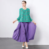 Miyake three-dimensional flower decoration versatile pleated cardigan top plus irregular loose pleated pants fashion suit