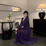 2025 sexy premium purple V-neck ruffle edge waist long-sleeved dress women's vacation atmosphere dress long dress