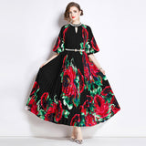 Popularan large-size women's clothing high-end printing heavy industry beaded pleated long dress pleated skirt temperament dress women