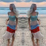 HULIANFU New summer 2025 INS style sexy vacation dress sleeveless suspender contrasting color side split hollow dress long dress women