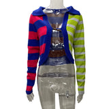 HULIANFU popular autumn New new lapel knitted sweater cardigan for women ins wind contrasting color striped short long-sleeved sweater for women