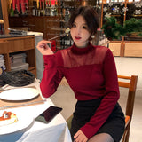 2025 popular winter new temperament stand-up collar mesh bottoming shirt women's versatile and thin top tide 89251