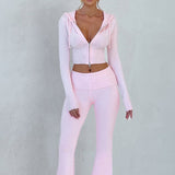 2025 HULIANFU popular autumn and winter new  New solid color slim-fit short hooded top casual pants set two-piece set women