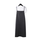 2025 THE MIND linen cotton white short-sleeved T-shirt + denim suspender skirt 2025 summer new casual suit T5011X