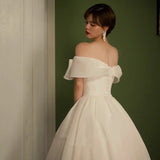 2025 Satin light wedding dress, simple and sweet bow, one-word shoulder art test, thin and uniform host banquet evening dress woman