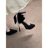 2025  Summer popular new dress rhinestone bow pointed waterproof table temperament beautiful high heels women's stiletto black