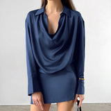 2025 Autumn and winter elegant blue temperament thin soft matte satin irregular collar long sleeve slim short dress women
