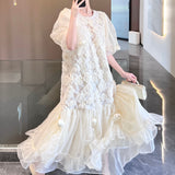 2025 spring and summer court style three-dimensional flower silk dress loose mulberry silk fairy dress