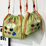 HULIANFU 2025 Spring New Picnic Friends Club Bucket Bag Women's Japanese Outdoor Leisure Embroidery Fruit Shoulder Crossbody Bag