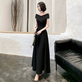 2025 Black shoulder evening dress light luxury high sense banquet satin host art test dress temperament celebrity dress
