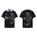 5530 n gender-neutral summer street tide retro painting printing design waffle men's lapel short-sleeved T-shirt