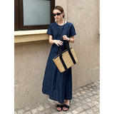 2025 THE MIND denim short-sleeved dress 2025 thirteen lines summer new Korean simple A-shaped long dress T5006X