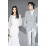 2025 White light wedding dress Korean temperament simple long-sleeved satin dress bride wedding engagement super fairy welcome door dress