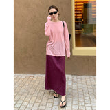 2025 [Guangzhou six meters] Tencel linen split elastic waist skirt 2025 summer Korean version simple A-shaped skirt T5015