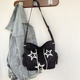 HULIANFU 2025 Women's bag new large-capacity canvas casual messenger five-pointed star contrasting color drawstring Korean version shoulder bag student satchel