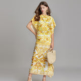 Real shot, summer new golden yellow big flower loose dress, bat straight skirt is thin, loose and comfortable for vacation