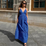 2025 holiday style blue cotton and linen V-neck suspender backless dress  Popularan, n spring and summer new New long dress