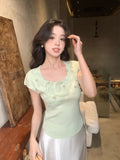 2025 summer new versatile round neck bottoming knitted sweater three-dimensional flower short-sleeved T-shirt women's top 25E05
