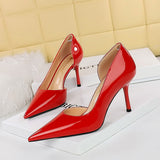 2025 8236  style fashion simple high heels women's shoes thin heels high heels shallow mouth pointed side hollow patent leather single shoes women
