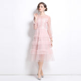 gentle wind mesh stitching long-sleeved dress women's summer super fairy sweet waist thin cake long skirt
