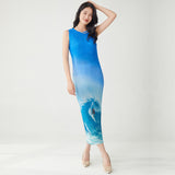 2025 Summer dress women's high elasticity pleated thin high-end design printed sleeveless versatile  straight skirt
