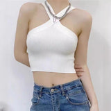 HULIANFU 2025  women's clothing bm sexy cross-neck knitted short outer wear with bottom sling vest top