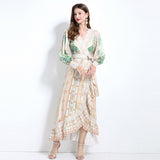 women's clothing spring and summer  court style cross-neck positioning printed lace-up waist ruffle edge dress