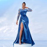 2025 new temperament round neck long sleeve long sequined banquet hip wrap evening dress bridesmaid dress women